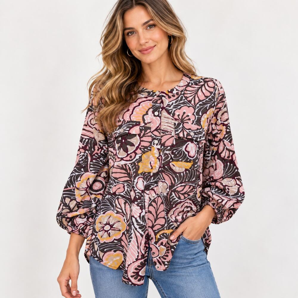 LOFT Button-Up Blouse Women's Size S Pink Floral Tropical Cotton Casual Office